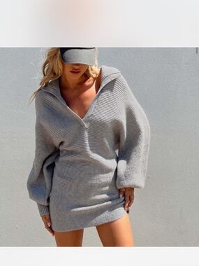 Princess Polly Ribbed V-Neck Sweater Dress - Light Gray